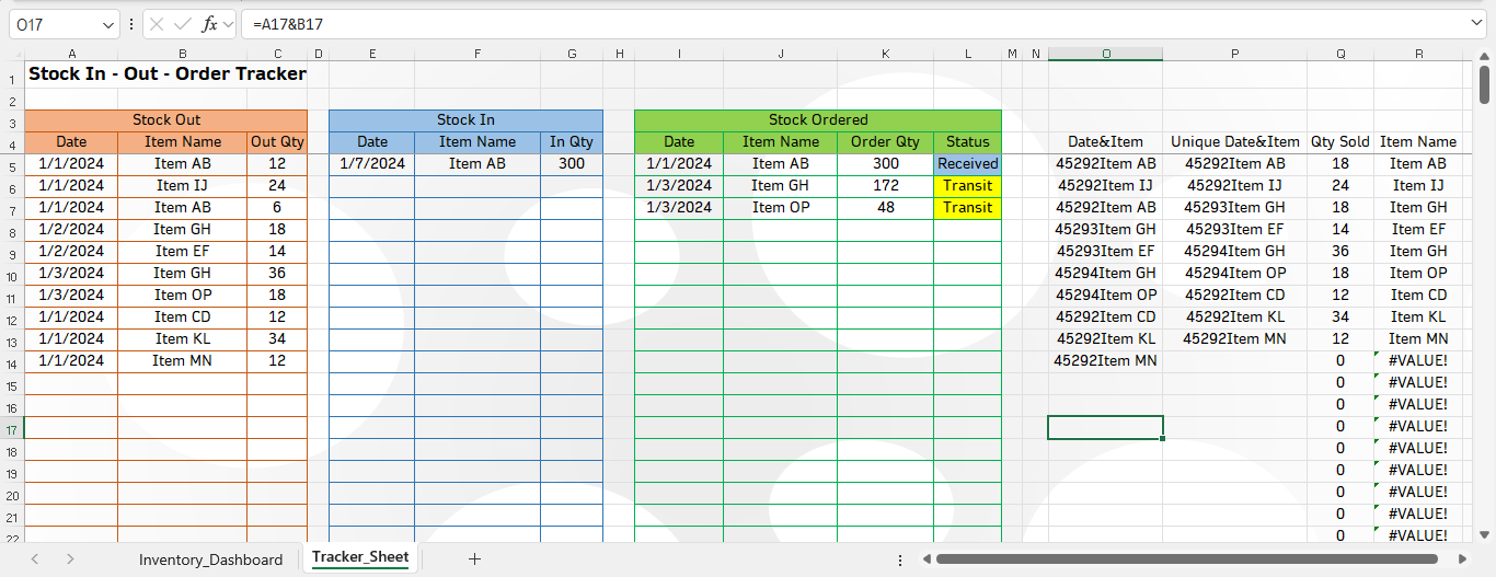 stock in out balance tracker in excel