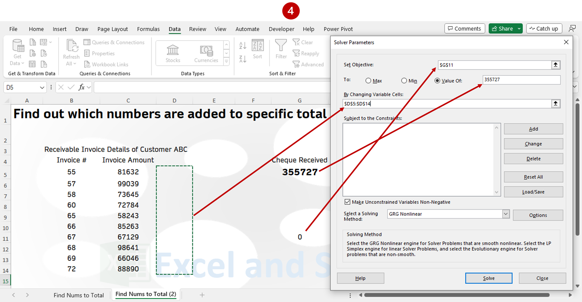 setting up the solver parameters in excel