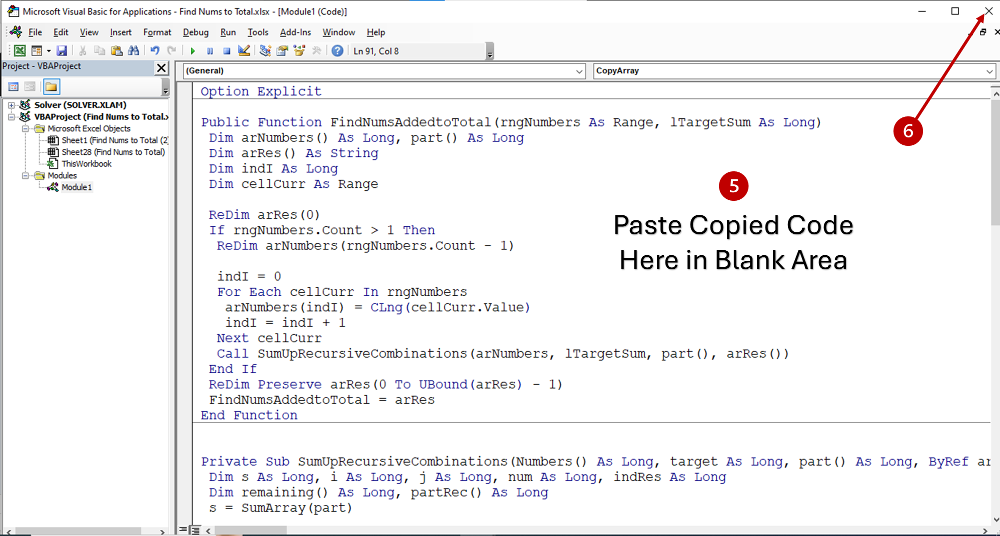 vba code to find which numbers add up to a total in excel