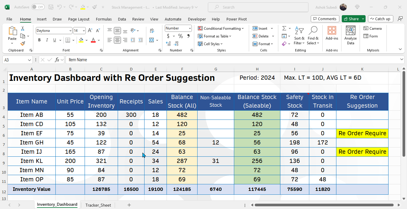 stock in out balance tracker in excel