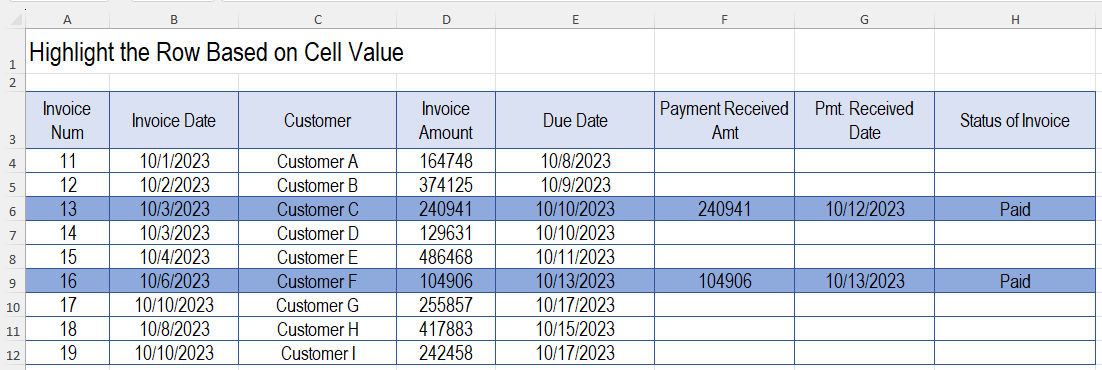 auto highlight row in Excel