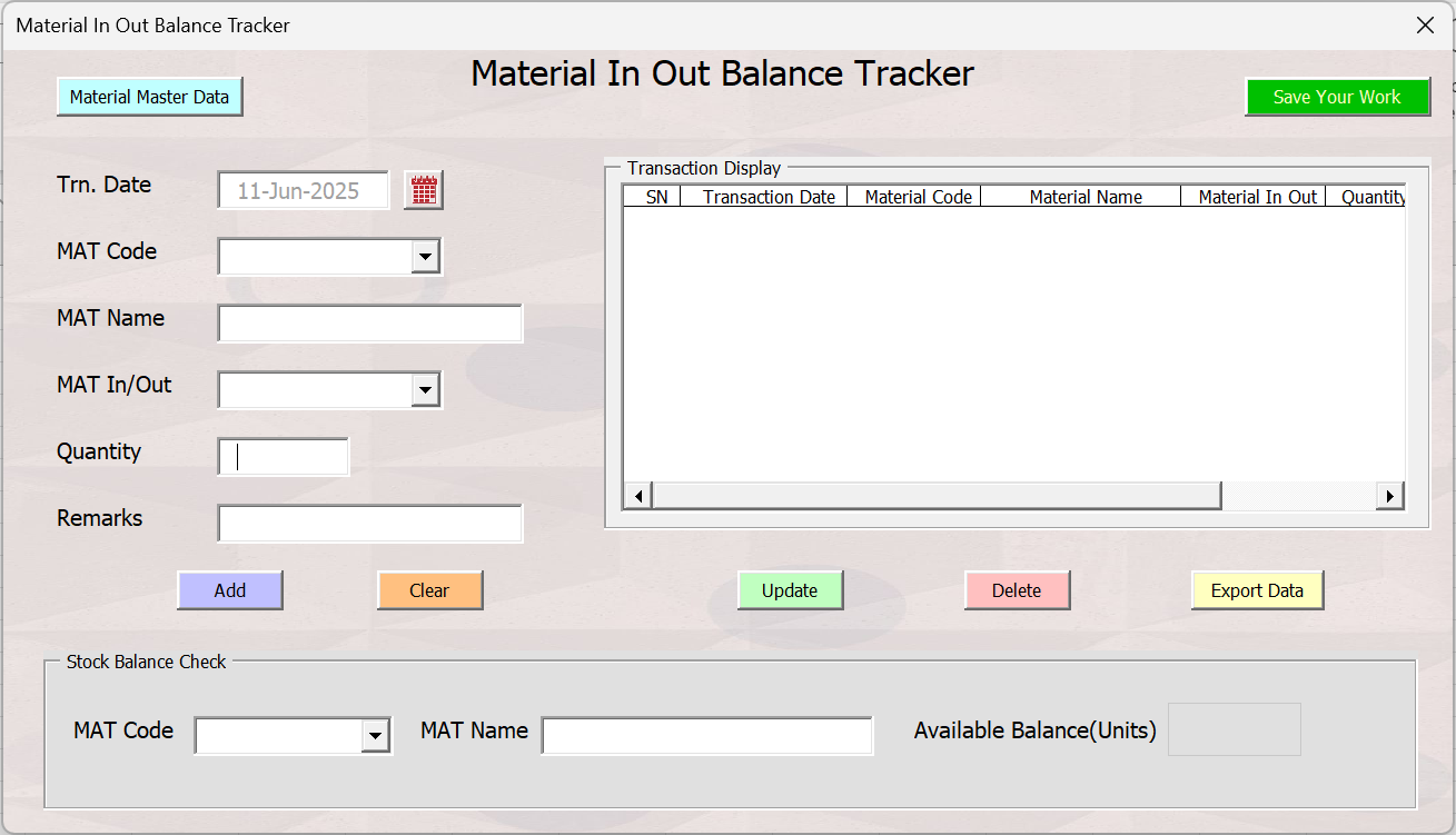 Material In Out Balance Tracker Sheet