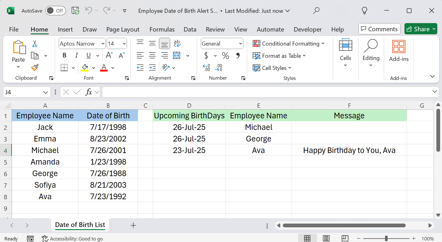 Birthday Reminder Sheet in Excel