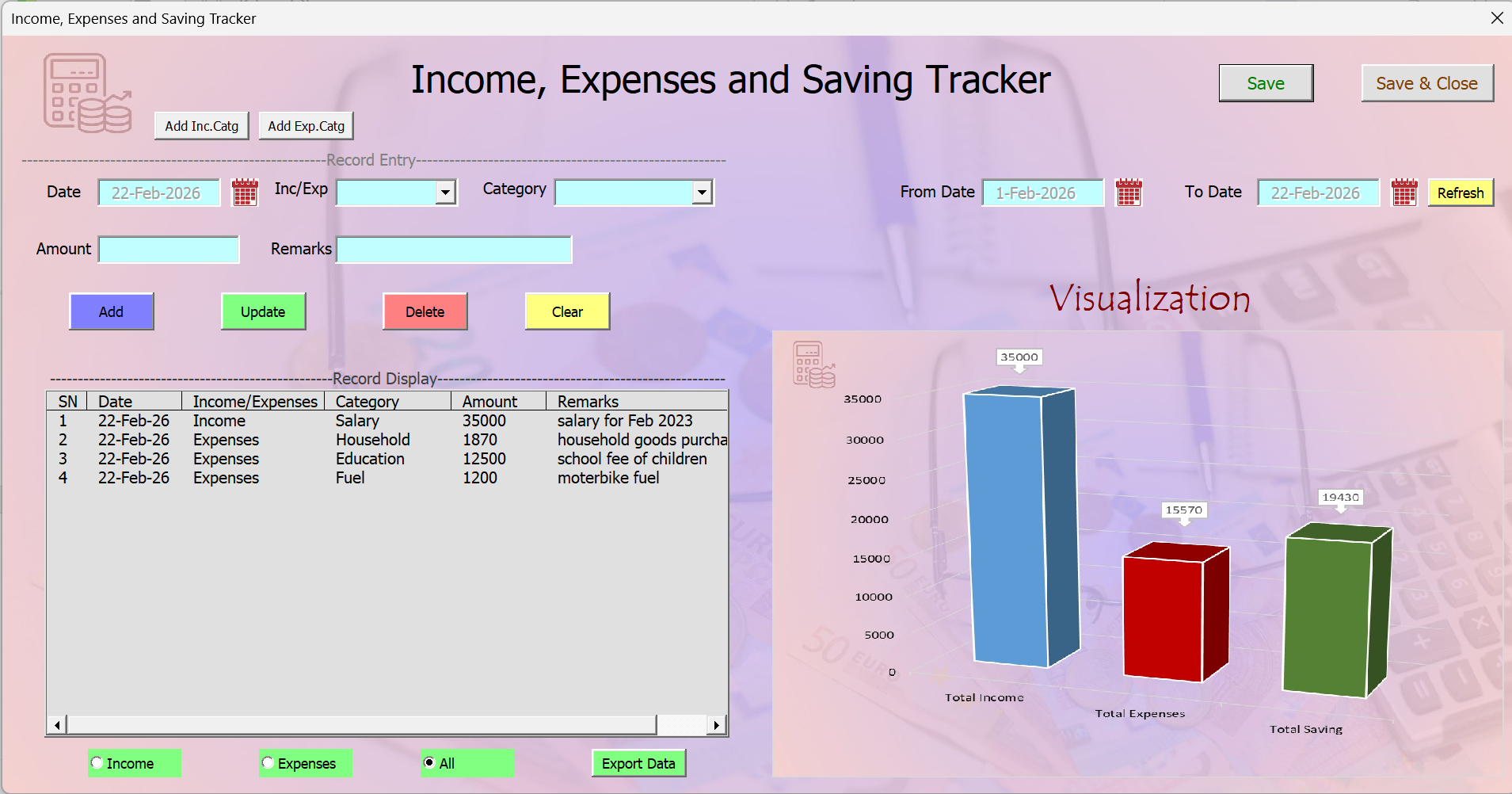 Excel VBA Income and Expense Tracker Dashboard Screenshot