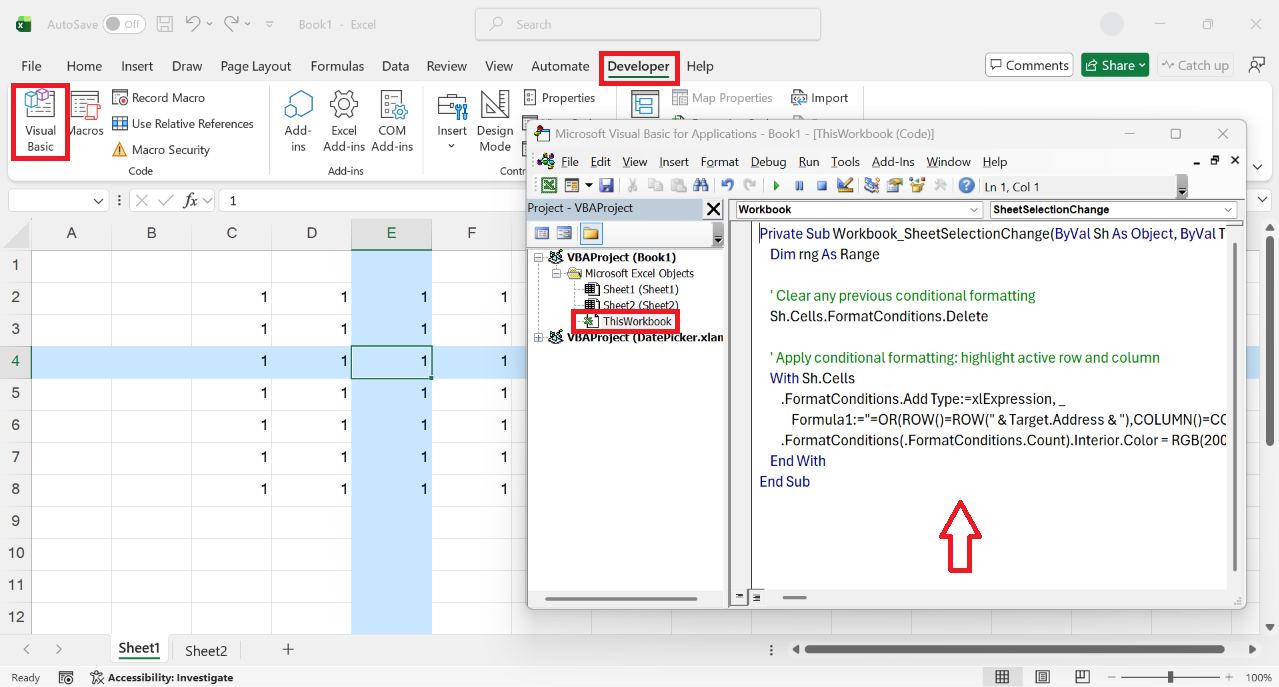 auto highlight active row column in excel